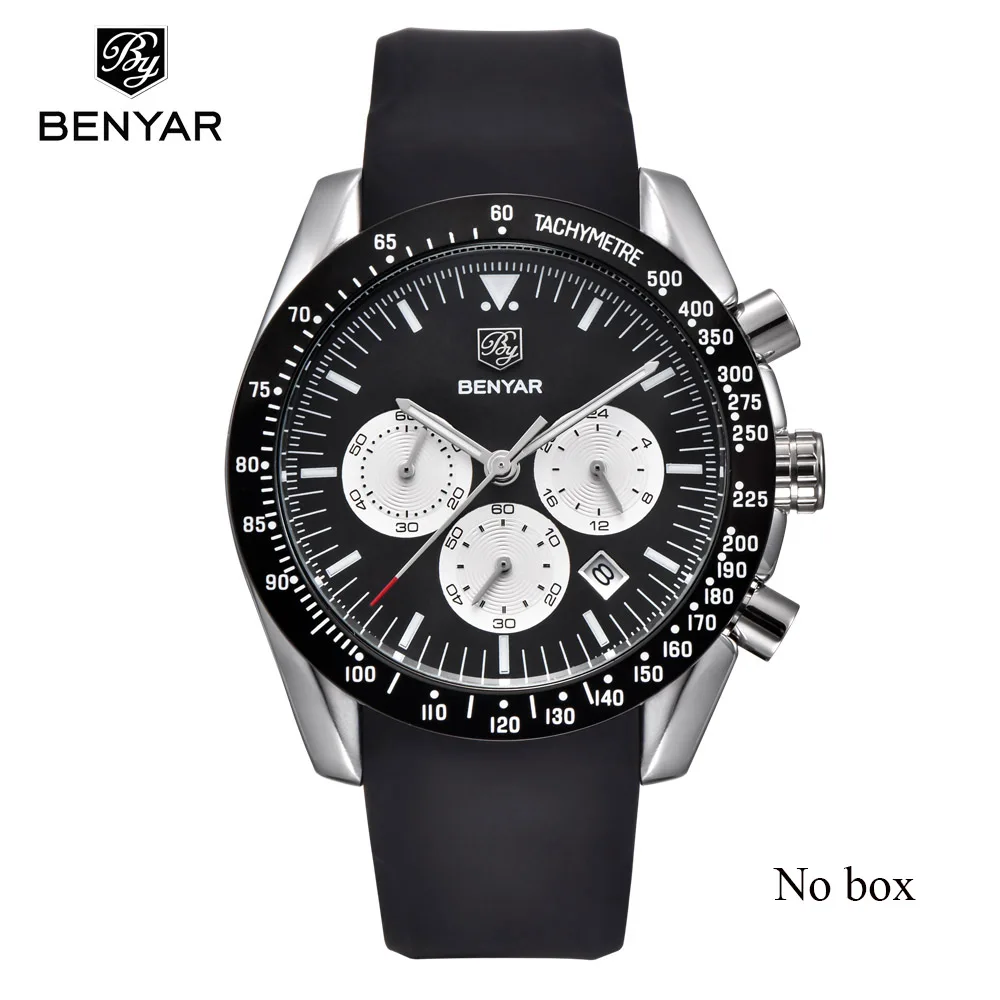 NO BOX SIL S black Топ люксовый бренд BENYAR мужские часы спортивные бизнес Стальные кварцевые часы повседневные мужские наручные часы с хронографом Relogio Masculino - Цвет: NO BOX SIL S black