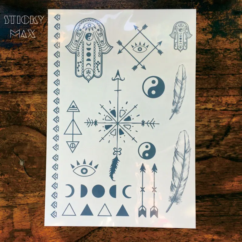 W13 1 шт. временная татуировка хамса с инъянгом фаза Луны перо стрела рисунок тела