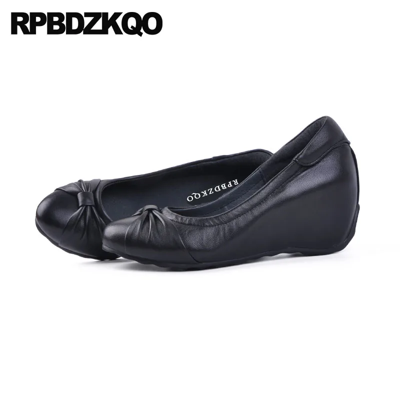 

Fashion Office Wedge Shoes Ladies Round Toe Size 33 4 34 2021 Brand European Designer Bow Black Genuine Leather Medium Heels