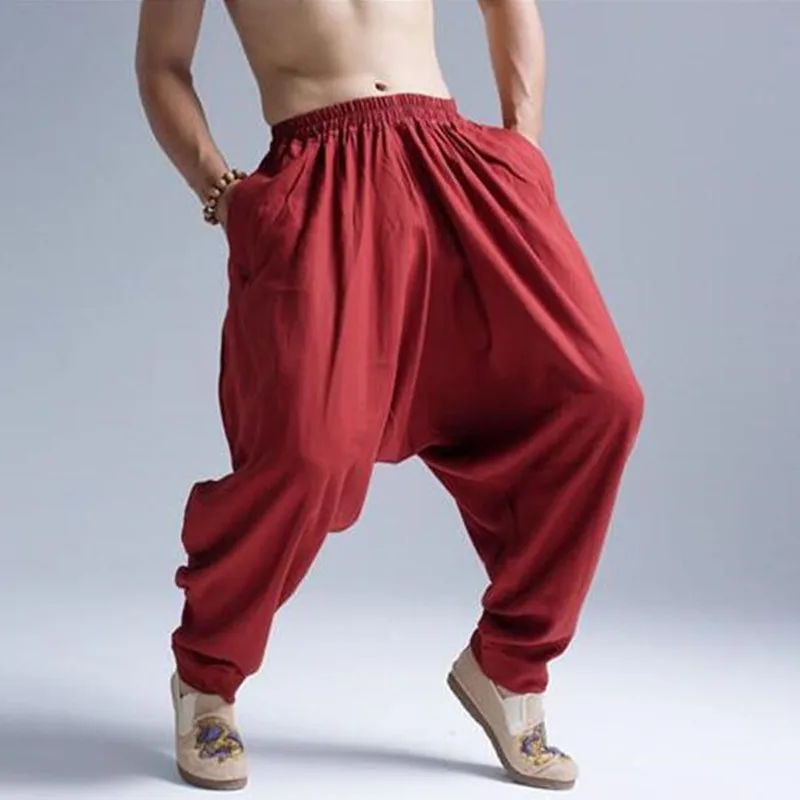 Большие размеры, M-5XL, 6XL, хлопок, лен, одноцветные штаны-шаровары, повседневные, эластичный пояс, свободные брюки для мужчин,, лето, осень, мягкие брюки