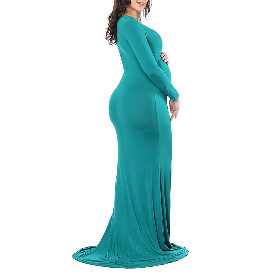 VOGUEON Women V Neck Maternity Dress Long Sleeve Ruched Maxi Photography Clothes Lady Mermaid Pregnant Baby Shower Evening Gown