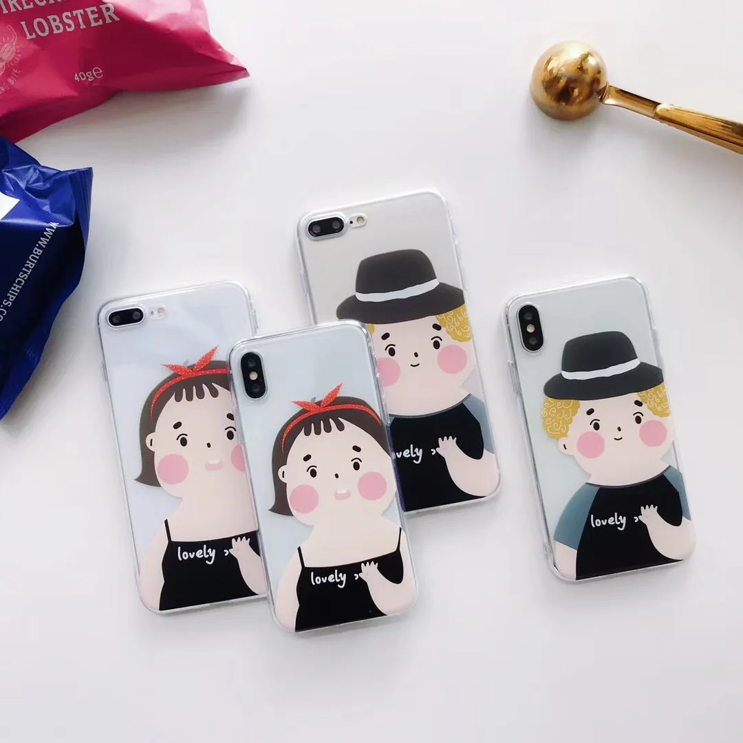 ILAIC Soft Cute Cartoon Boy Girl Lovers Phone Case for iPhone 7 Plus 6 6S 8 X Back Cover Couples Fundas |