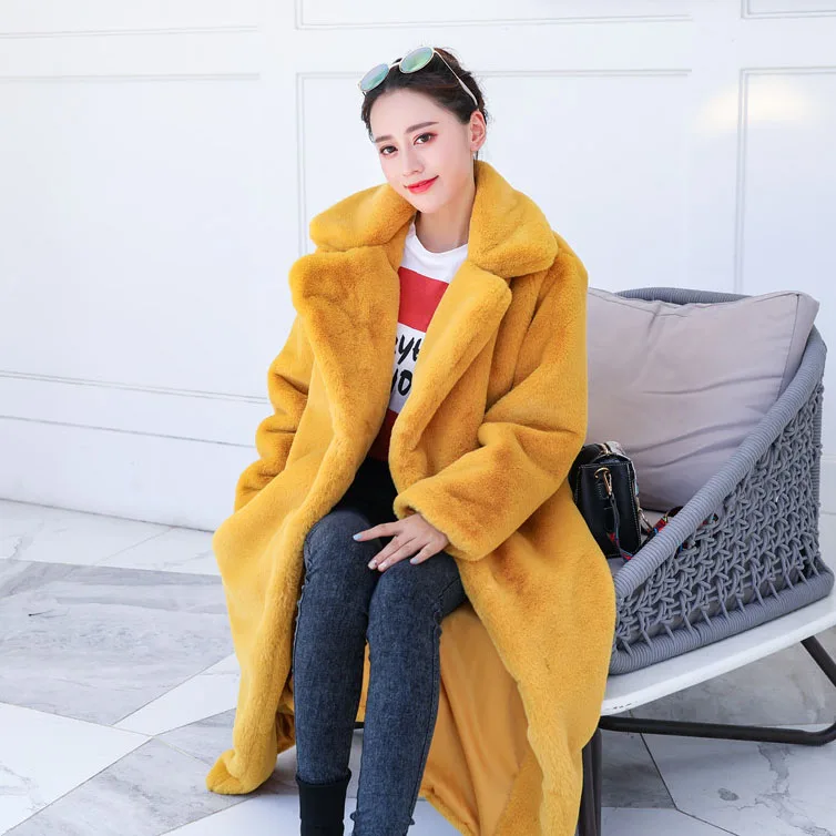 yellow Новинка, зимнее пальто с искусственным кроличьим мехом, Длинные лацканы, меховое пальто, свободное, теплое, повседневное, темпераментное, для девушек, ветровка, женская, конфетная верхняя одежда, пальто - Цвет: yellow