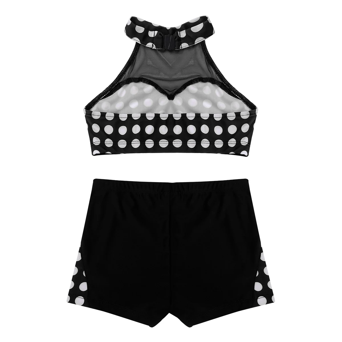 ChicTry Kids Teens Polka Dots Mesh Splice Halter Ballet Gymnastics Shorts with Crop Top Sports Set Children Girls Dance Costumes |