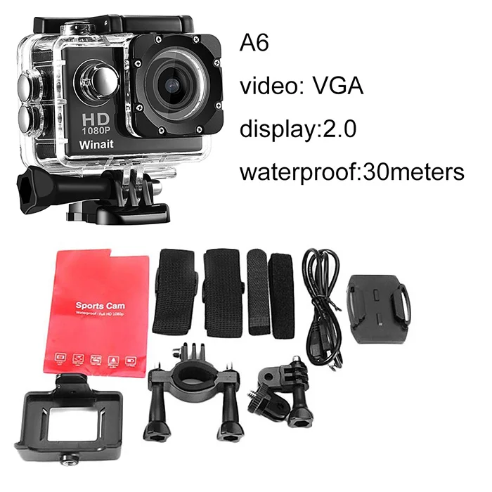 A6 VGA Winait HD720/1080 p/4 k водонепроницаемый цифровой спортивный фотоаппарат, wifi цифровая Экшн-камера - Цвет: A6 VGA