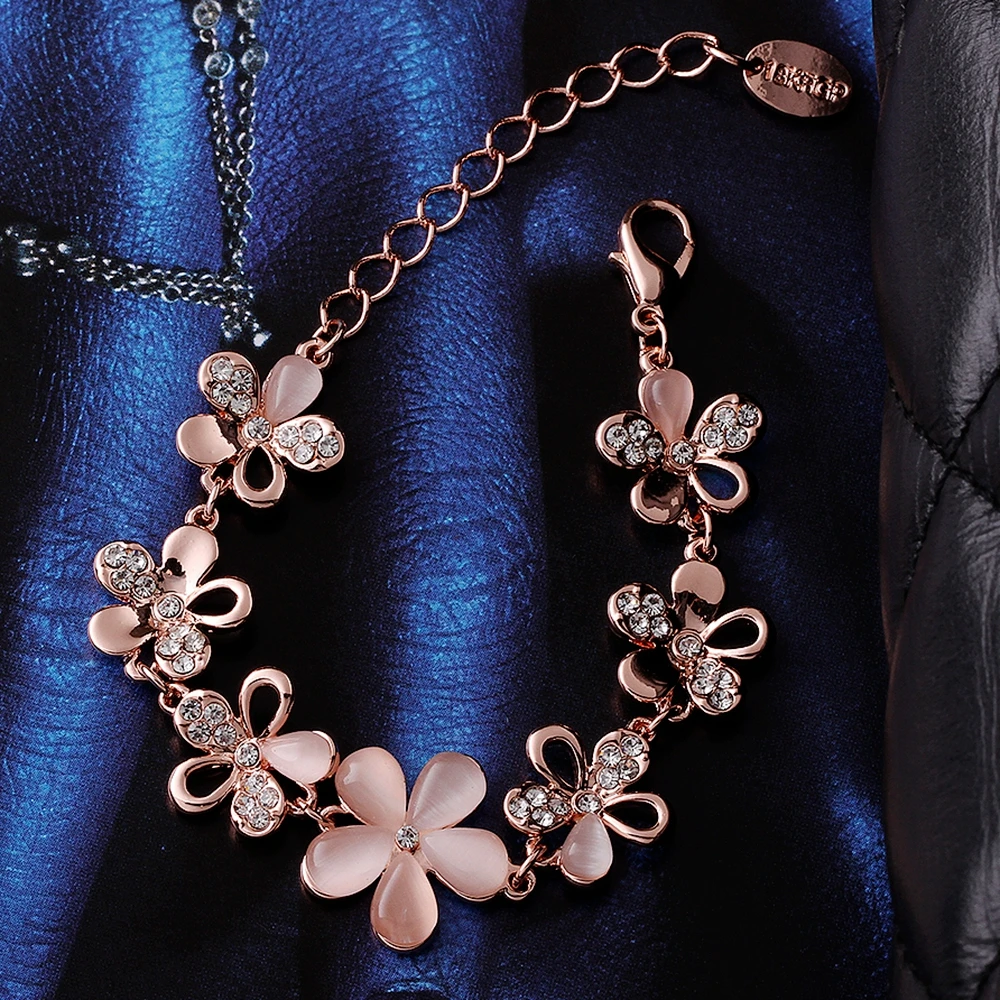 High Quality Rose Gold Color Crystal Opal Flowers Bracelet & Bangles Items Chunky Statement Bijoux Women Girls Jewelry | Украшения и