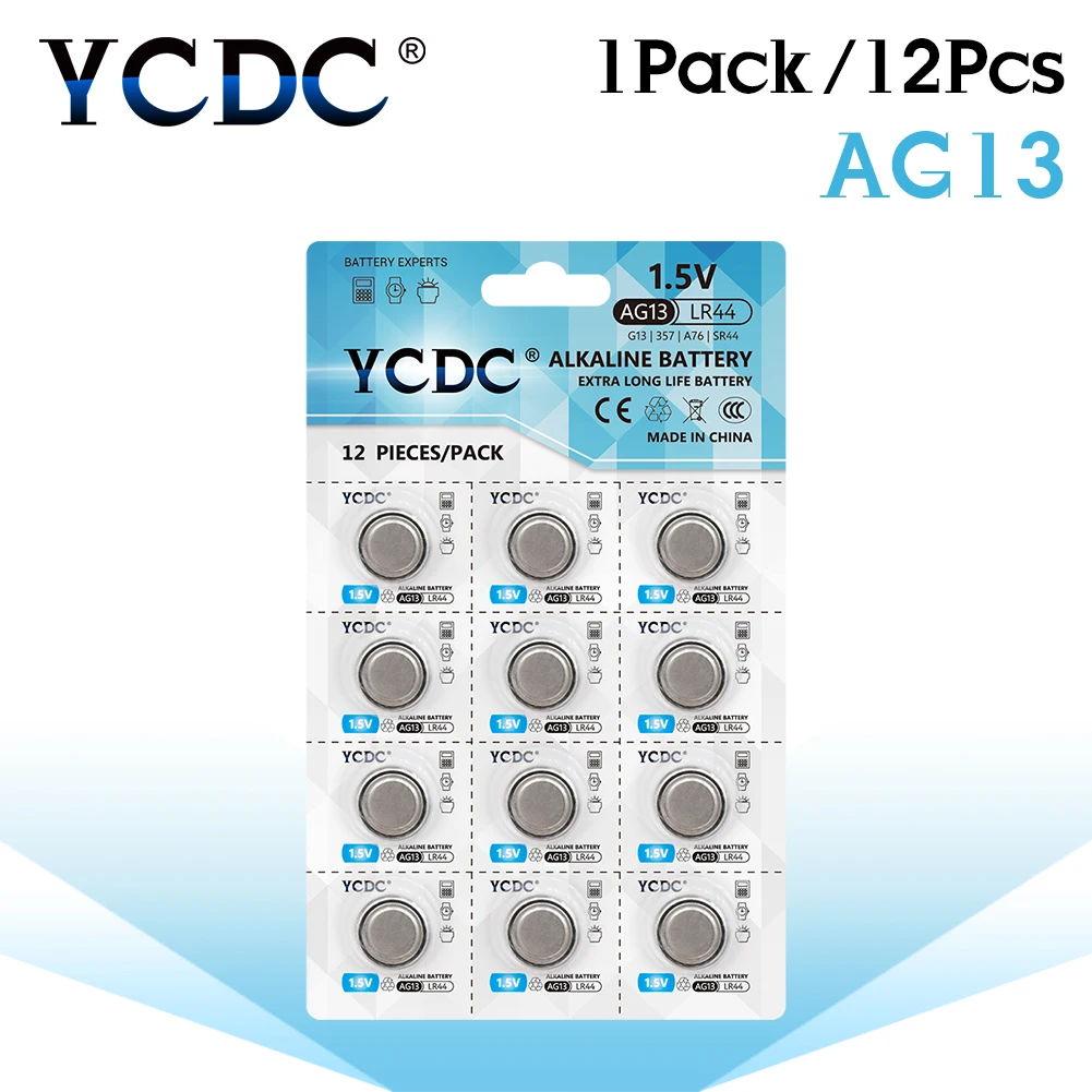

YCDC Wholesale 12pcs/Card 1.5V AG13 LR44 Alkaline Button Cell Battery for Watch Toy Calculator Green Energy