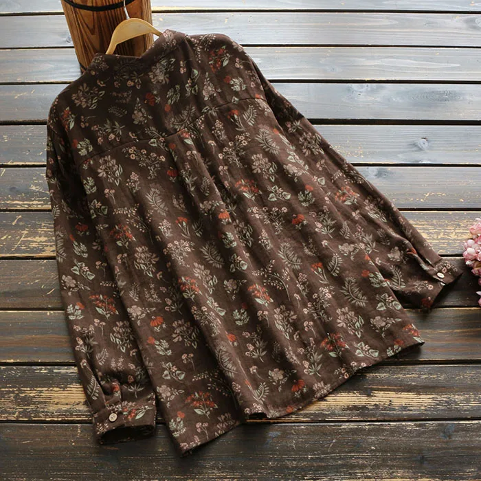 Осенняя свободная пляжная Леди блуза навыпуск Цветочный принт длинный рукав