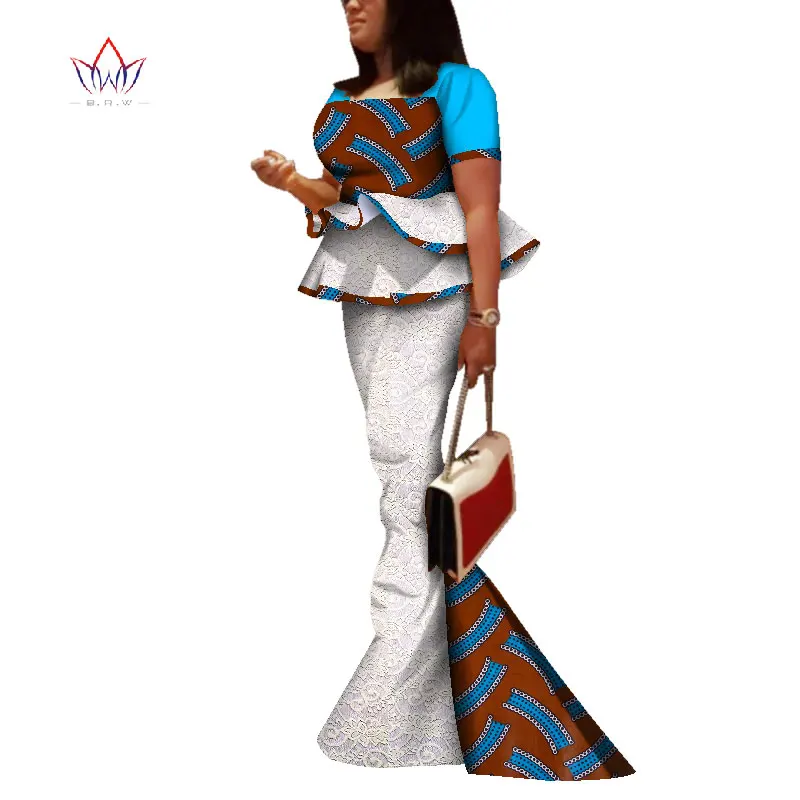 2018 Custom African Women Ruffles Top and Tail Skirt Sets Bazin Riche Traditional African Dashiki Dress for Women Vestidos WY293