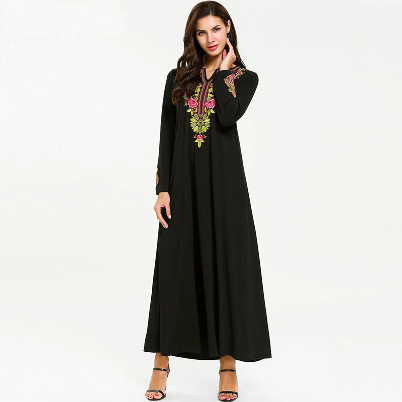Женское мусульманское платье с цветочной вышивкой Abaya элегантное платье-Кафтан в
