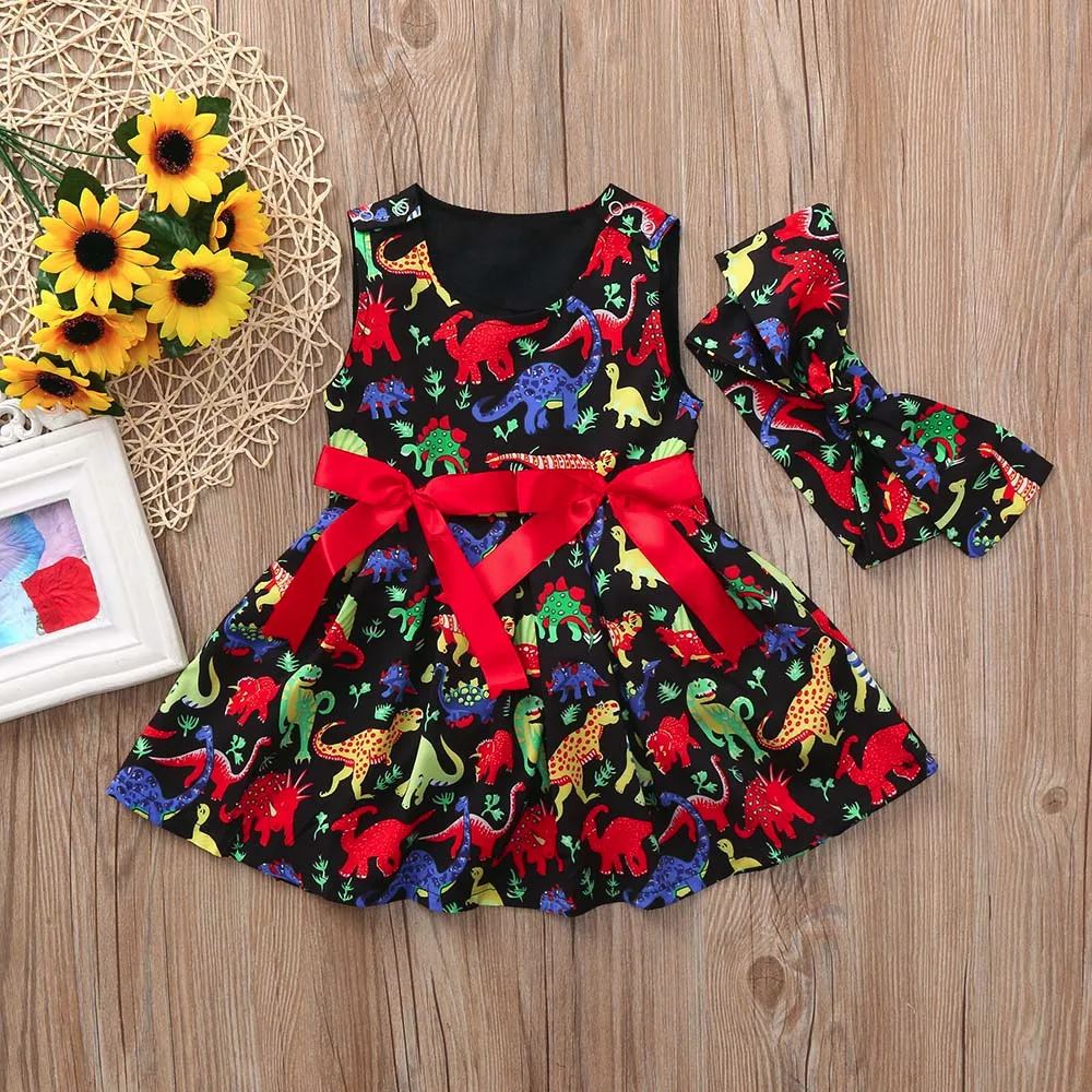 Girls dress Toddler Baby Cartoon Dinosaur Sleeveless Dress+Headband baby girl clothes Outfit vestido infantil Dropshipping | Детская