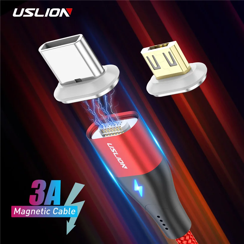 USLION 1M 3A Магнитный кабель для быстрой зарядки Micro usb type C для huawei P30 samsung Xiaomi кабель провод type-C Магнитный кабель для зарядного устройства