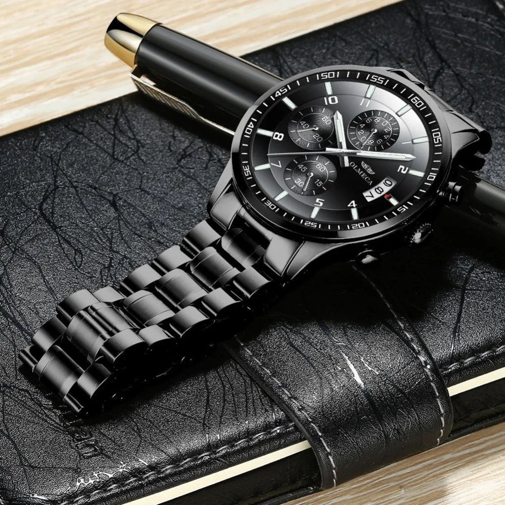 OLMECA модные часы Relogio Masculino с хронографом Наручные часы Стальные часы мужские водонепроницаемые военные черные
