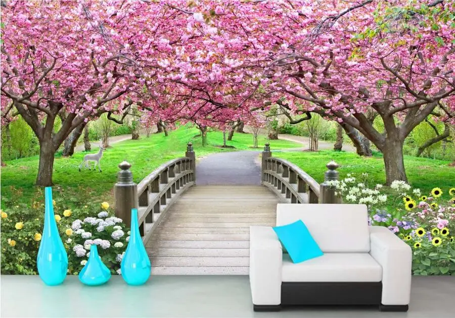 3d фрески на заказ красивые вишневые деревья маленький мост пейзаж стену фреска