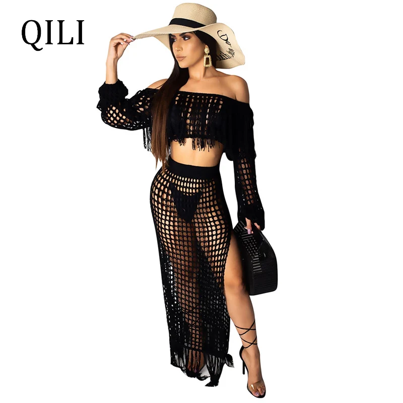 

QILI Women Beach Dress Off Shoulder Long Sleeve See Through Fish Net Tassel Split Casual Dresses 2 Piece Set Mesh Dress Summer