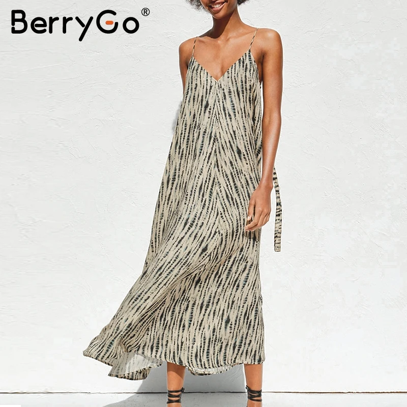 BerryGo Boho длинное платье с принтом для женщин на бретельках v образным вырезом