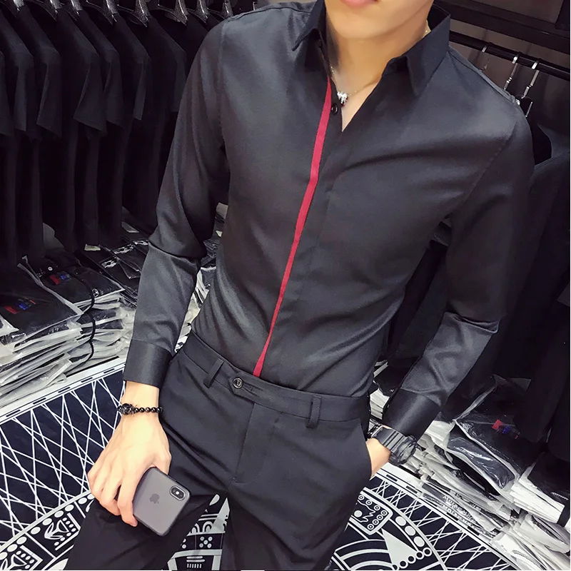 Корейский смокинг Мода Slim Fit простой рубашка Для мужчин с длинным рукавом осень