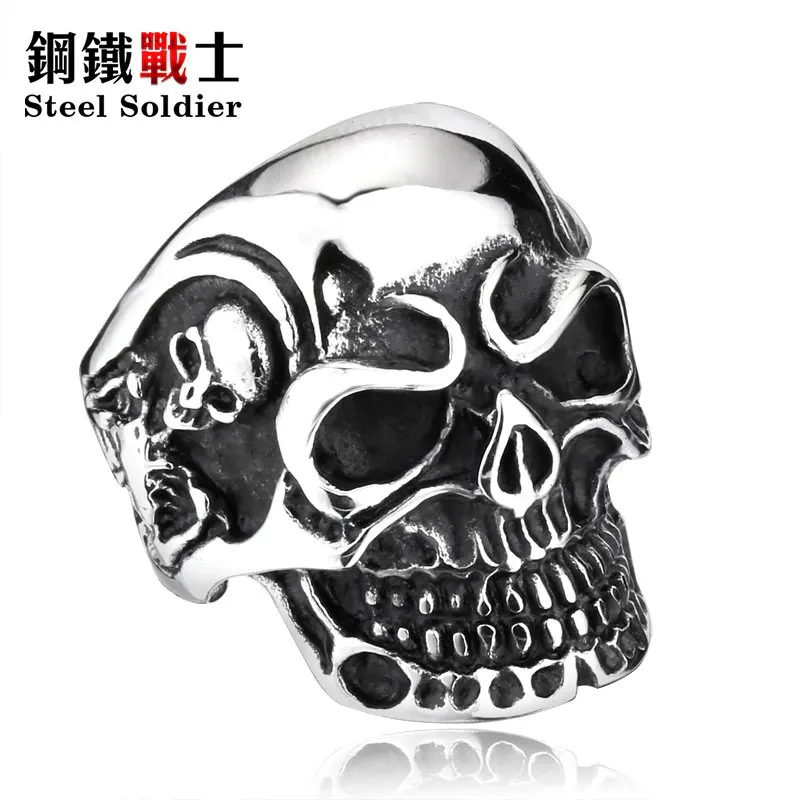 steel color Стальной солдат, Прямая поставка, модное кольцо, нержавеющая сталь, кольца для мужчин, большой череп, кольцо для панков, байкерские ювелирные изделия - Цвет основного камня: steel color