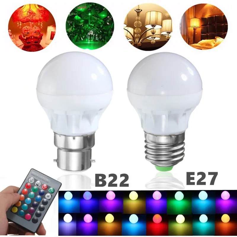 RGB Светодиодная лампа E27 B22 3 Вт 16 цветов волшебная с ИК пультом дистанционного