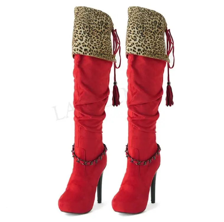 LGZ504 Red LAIGZEM/Сапоги до колена женские сапоги на высоком каблуке из искусственной замши, на платформе, с боковой молнией, высокие сапоги на шпильке Botines Mujer, большие размеры 34-52 - Цвет: LGZ504 Red