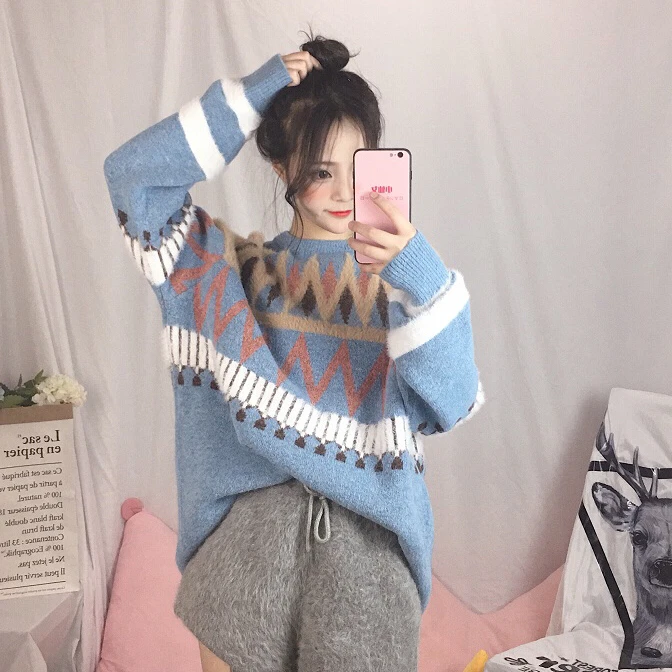 Lychee Girls Geometric Knitted Thick Women Sweater O Neck Long Batwing Sleeve Female Spring Autumn Preppy Style Pullover | Женская