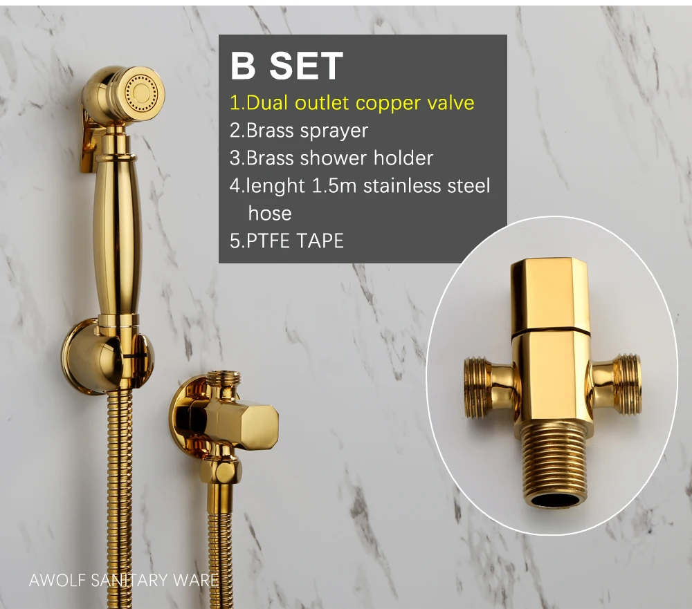 Hand Held Bidet Sprayer Gold Brass Douche Toilet Kit Hand Held Toilet Shattaf Shower Head Copper Valve Set Faucet AP2107