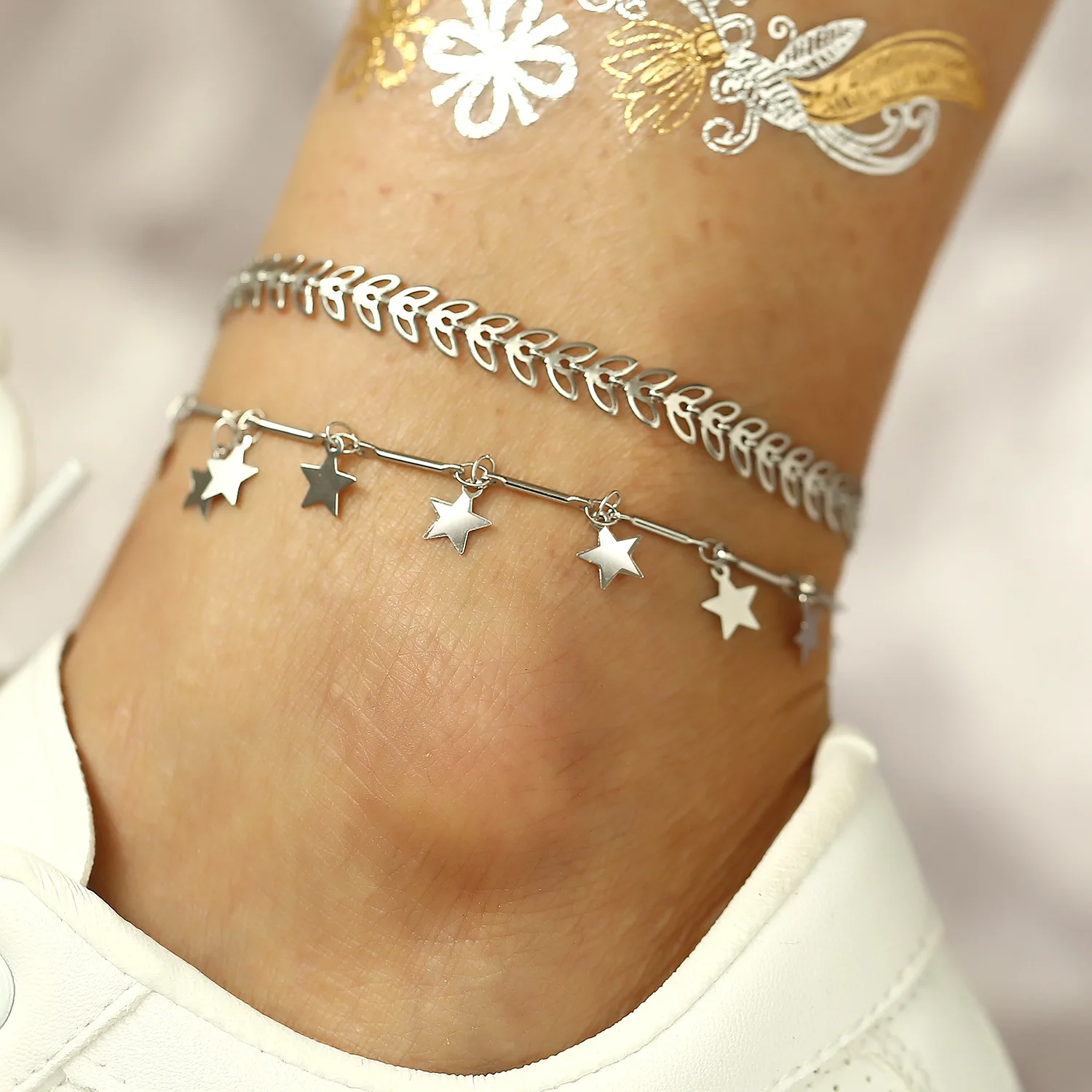 

New Foot Chain Anklets Creative Leaves Star Pendant Footchain Bohemian Beach Layered Silver Anklet Bracelet for Women Jewelry