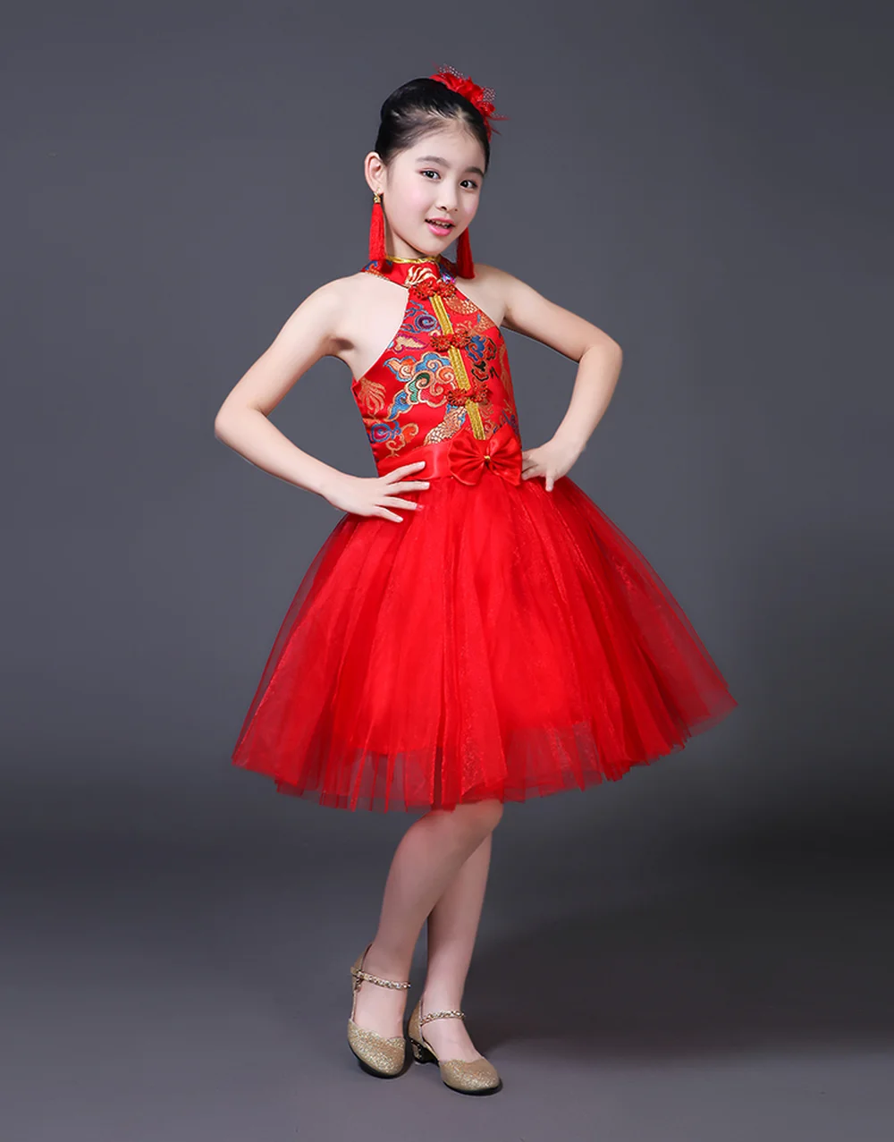 Китайский дети сценический костюм красный Бальные танцы Preformance одежда для