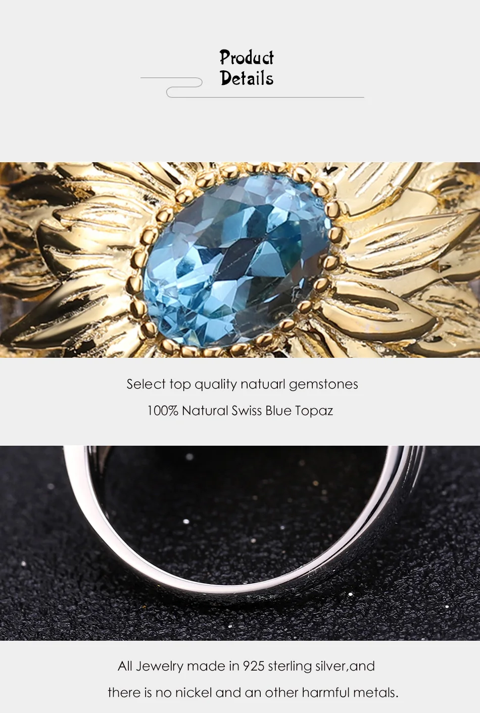 GEM'S BALLET 1.00Ct натуральный Швейцарский Голубой Топаз кольца с подсолнечником 925 пробы Серебряное кольцо ручной работы для женщин Bijoux Fine Jewelry