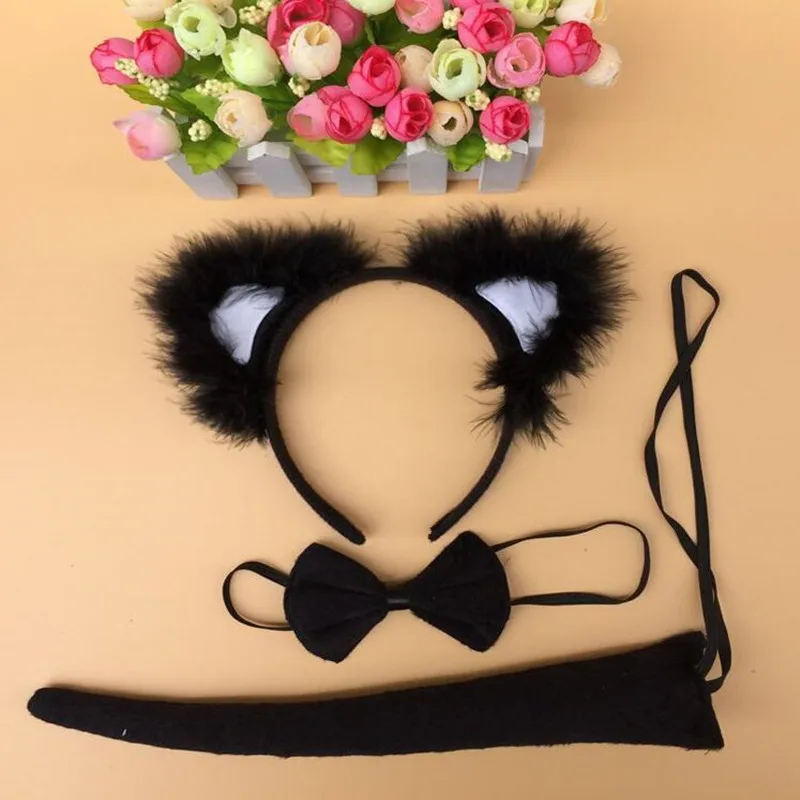 

New Kids Adults Cat Animal Ears Headband Bow Tie Tails Animal Cosplay 3pcs Set Costume Accessories Halloween Party Favor