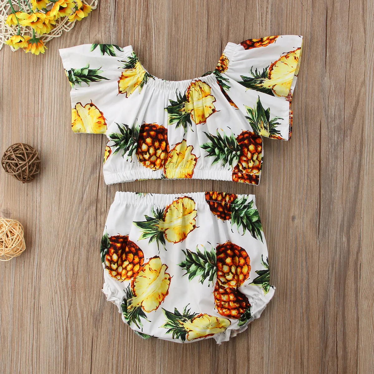 Cute Kids Baby Girls Pineapple Print Off Shoulder Crop Tops Shorts Pants Outfits Clothes | Детская одежда и обувь