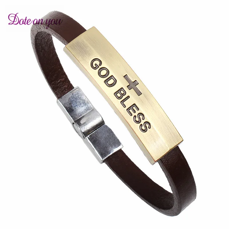 Кожаный винтажный браслет Cross God Bless Words золотой для мужчин античный латунный