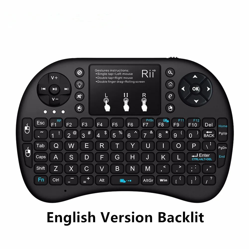 English version Оригинальная Беспроводная мини-клавиатура Rii i8+ 2,4G с подсветкой литиевой батареи, пульт дистанционного управления с сенсорной панелью, мини-ПК, ТВ-бокс - Цвет: English version