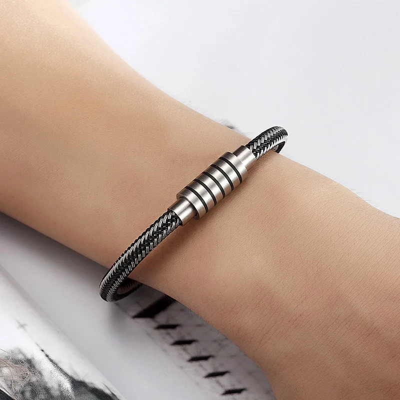 Fashion Punk Black/white Braided Steel wire Bracelet Stainless Magnetic Buckle Simple Style Men Women's Jewelry | Украшения и