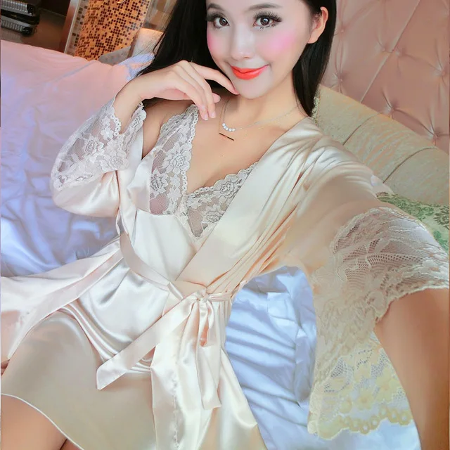 Женская атласная ночная рубашка комплект из 2 предметов для дома весна лето 2017|satin