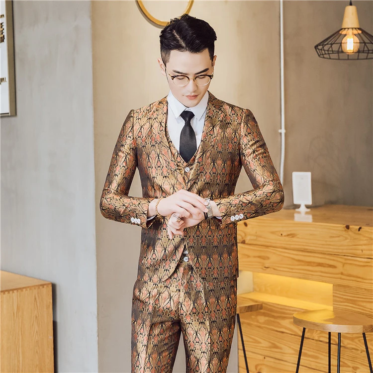 Фирменный приталенный повседневный костюм Terno Masculino 3 шт./2 шт., мужской роскошный костюм с новым рисунком, костюмы с одной пуговицей, сценический смокинг 3XL-M