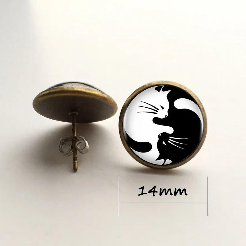 bronze earring 14mm Винтажное ожерелье с подвеской в виде котов из двух Инь-Ян, кабошон, длинная цепочка, мужское ожерелье с Т-образной цепочкой, модное женское и мужское ожерелье HZ1 - Окраска металла: bronze earring 14mm