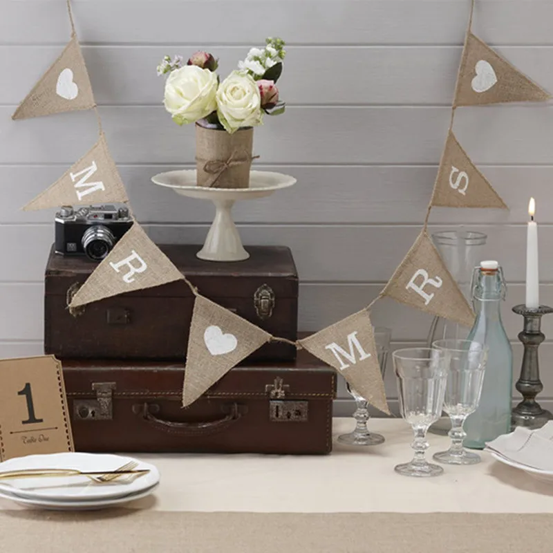 Mr Mrs Wedding Banners Photo Props Vintage Banner Jute Bunting Marry Rustic Garland Party Hanging Mariage Decoration New | Дом и сад