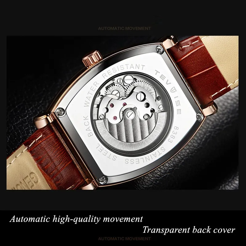 

Tevise Skeleton Automatic Men's Watch Classic Leather Calendar Rose Gold Waterproof Men's Mechanical Watch Relogio Masculino