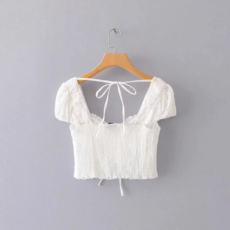 2019 Boho lace-up hollow out blouse womens tops summer sexy blackless short white female korean fashion clothes blusas |
