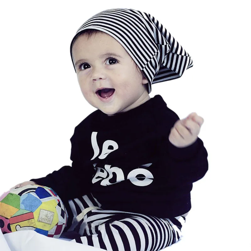 Baby boy одежда черный длинный рукав буквы футболка + полосой брюки дети 2 шт. костюм