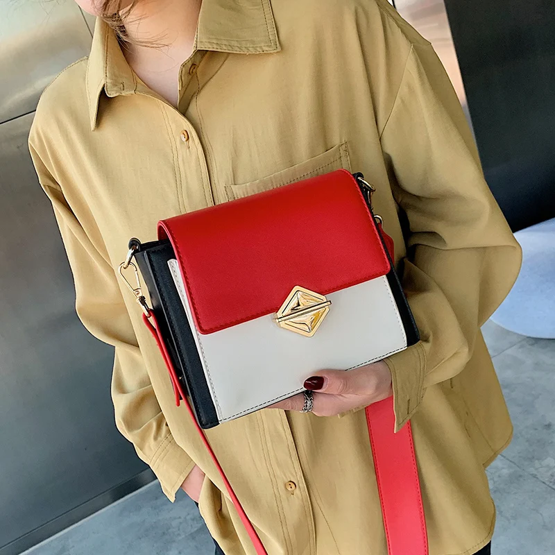 

Fashion contrast color small square bag simple wide shoulder strap Messenger bag handbags new 2019ins broadband