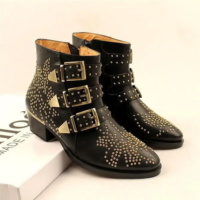 discount fashion women lady female shoes boot brand rivets with thick leather boots pointed in Martin | Обувь