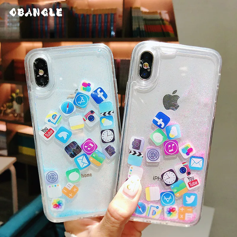 OBANGLE App Moji Liquid Glitter Quicksand Cover Case For iphone 6 6S 7 8 Plus X XR XS Max Cute Transparent Phone Back |