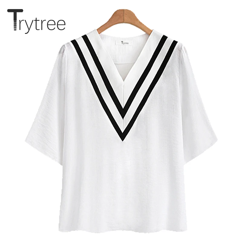 Trytree Весна Лето Топ Женская блузка повседневная полиэфирная рубашка с v образным