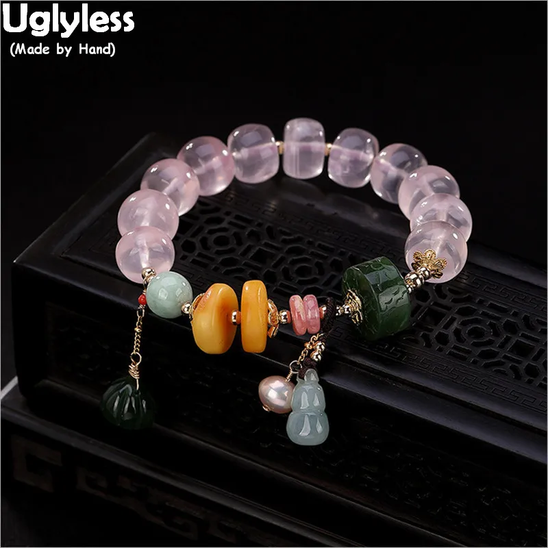 

Uglyless 100% Real Nature Amber Beads Bracelets for Women Pink Crystals Fine Jewelry Pearl Charms Bracelet Emerald Dangle Bangle