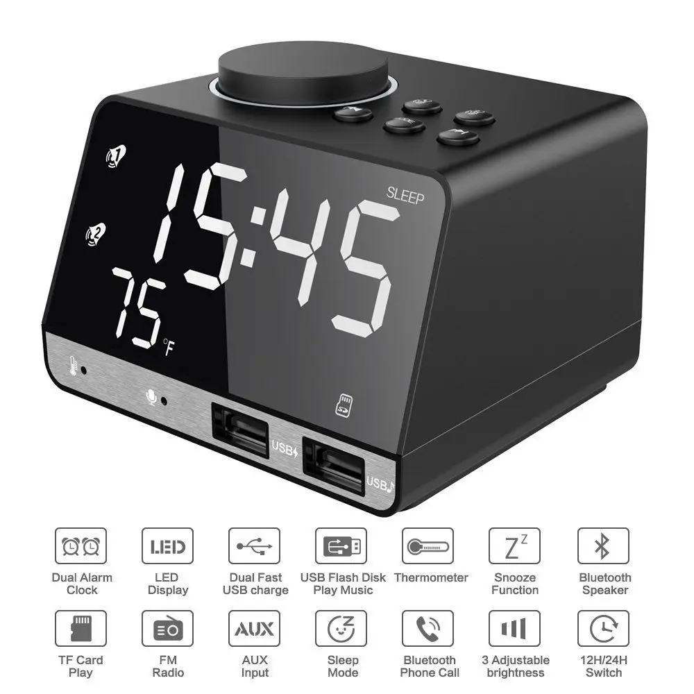 USB LED Alarm Clock + FM Radio + Wireless bluetooth Speaker + 2 USB Charger Port Digital Display for Mobile Phone Office Home