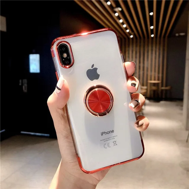 Модный Магнитный кронштейн чехол для телефона для iPhone X чехол прозрачный Автомобильный держатель Подставка кольцо для пальца для iPhone 6 6S 7 8 Plus XS MAX XR - Цвет: Red