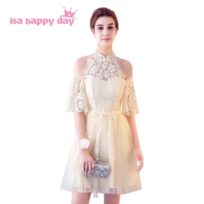 Короткие вечерние платья для подружки невесты цвета шампанского с открытыми