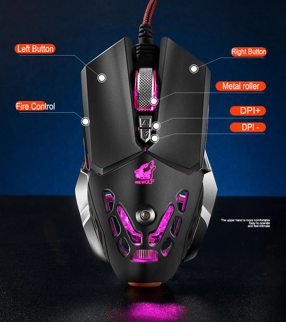 Freewolf для V9 2400 точек/дюйм Профессиональный 6-ключ макропрограммирование Мышь светодиодный кабель машины Подсветка игра Мышь